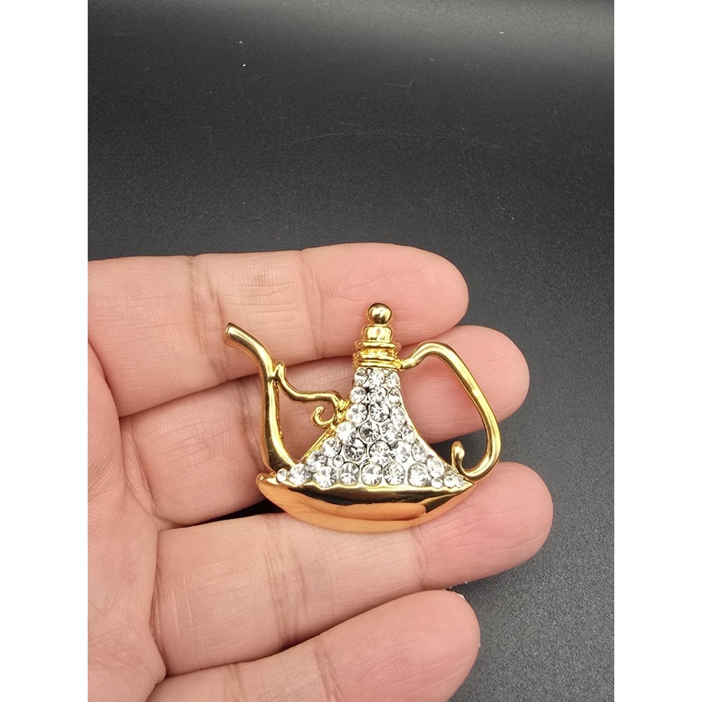 Gold Toned Austrian Pave Crystal Stones Teapot/ Genie Lamp Brooch